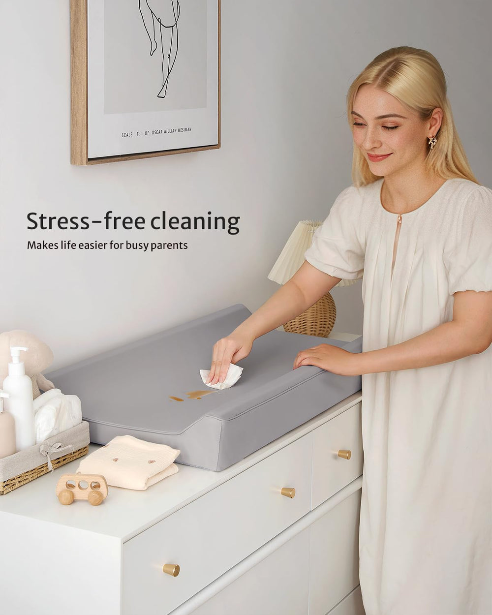 Blissful Diary changing pad fits standard tables and dressers for versatile setup