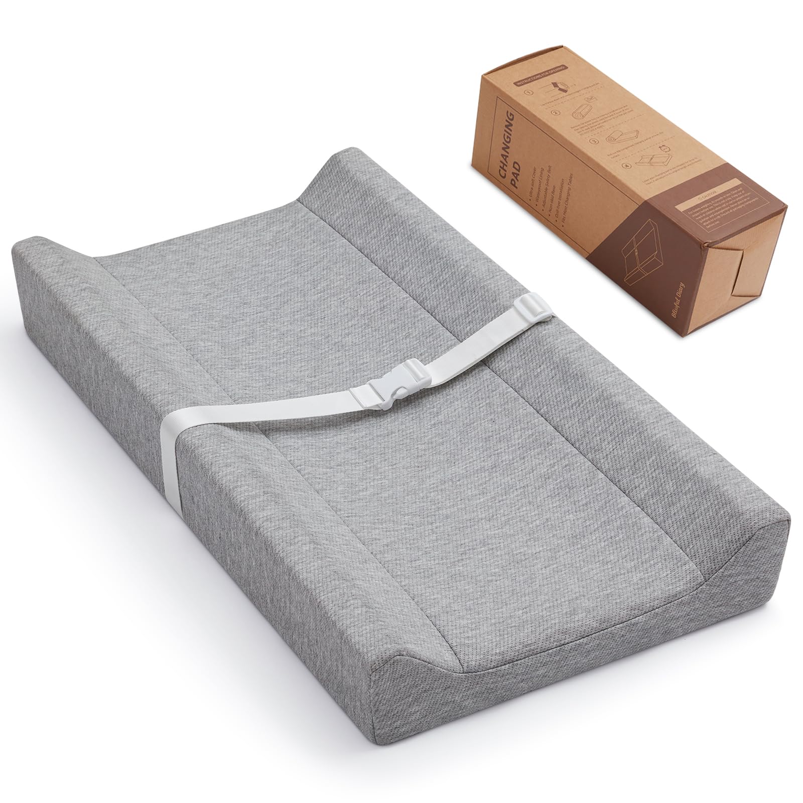 Blissful Diary changing pad outer view in grey shows a sturdy, secure diapering surface.