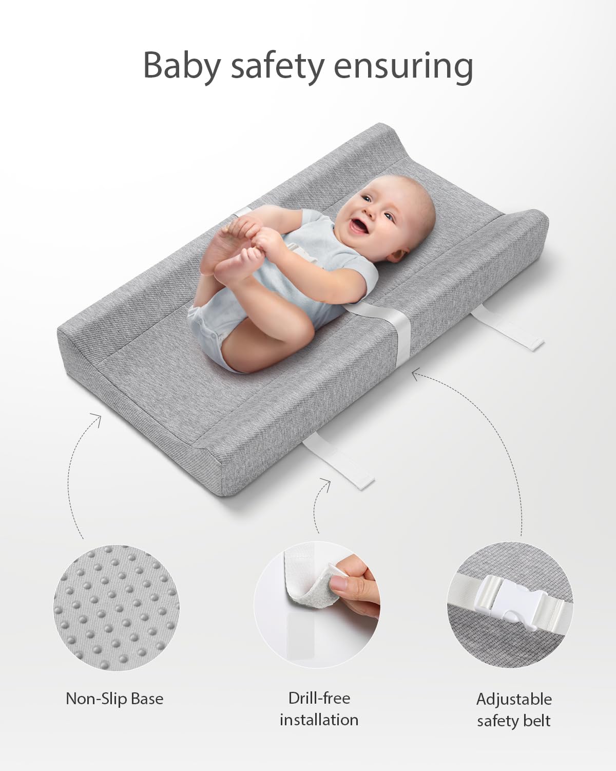 Blissful Diary changing pad straps-contours grey illustrates safety features for secure positioning.