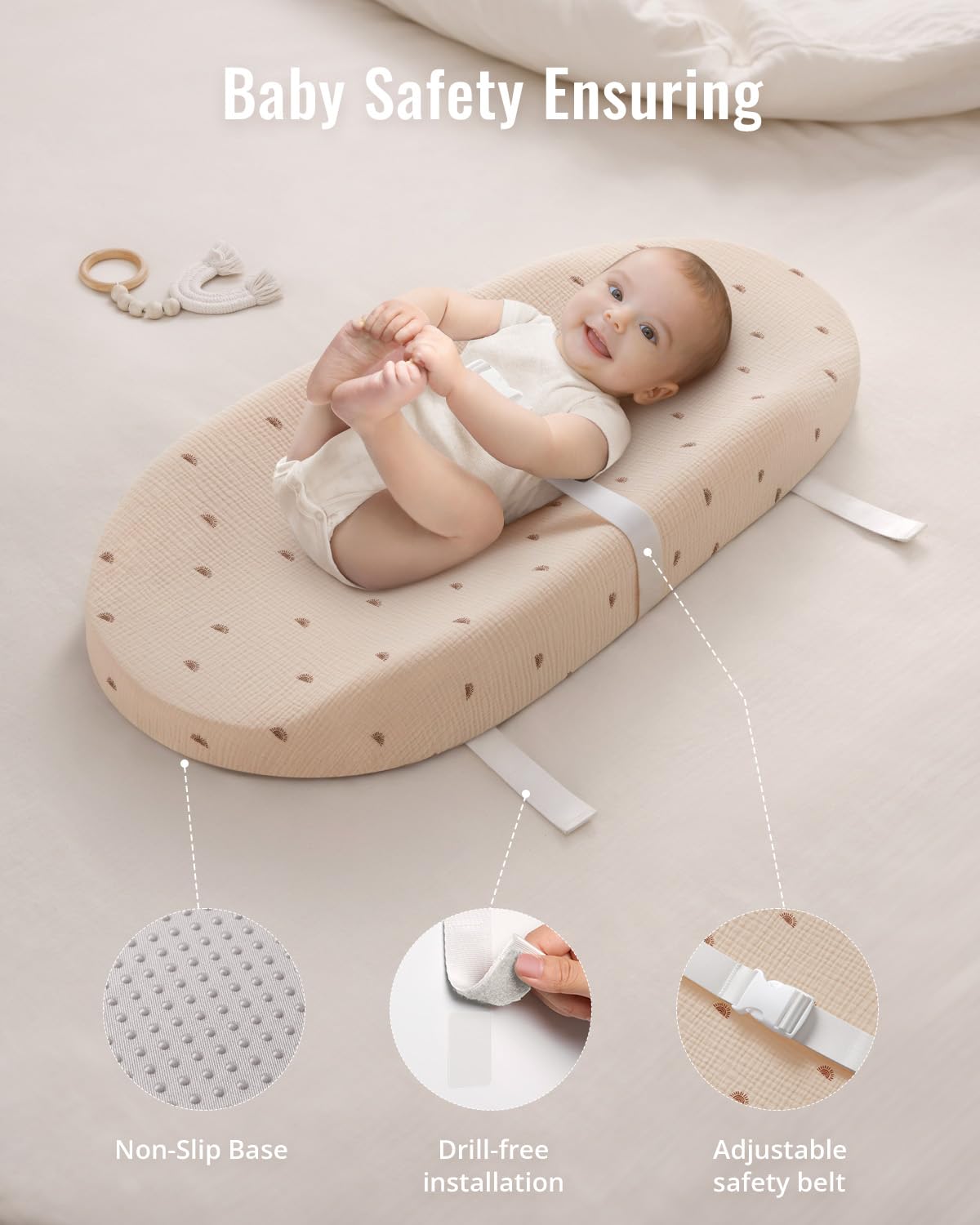 Blissful Diary changing pad Sunshine non-skid bottom prevents sliding on dressers during use.