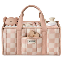 Blissful Diary diaper caddy front view showing organized essentials for calm diaper changes.