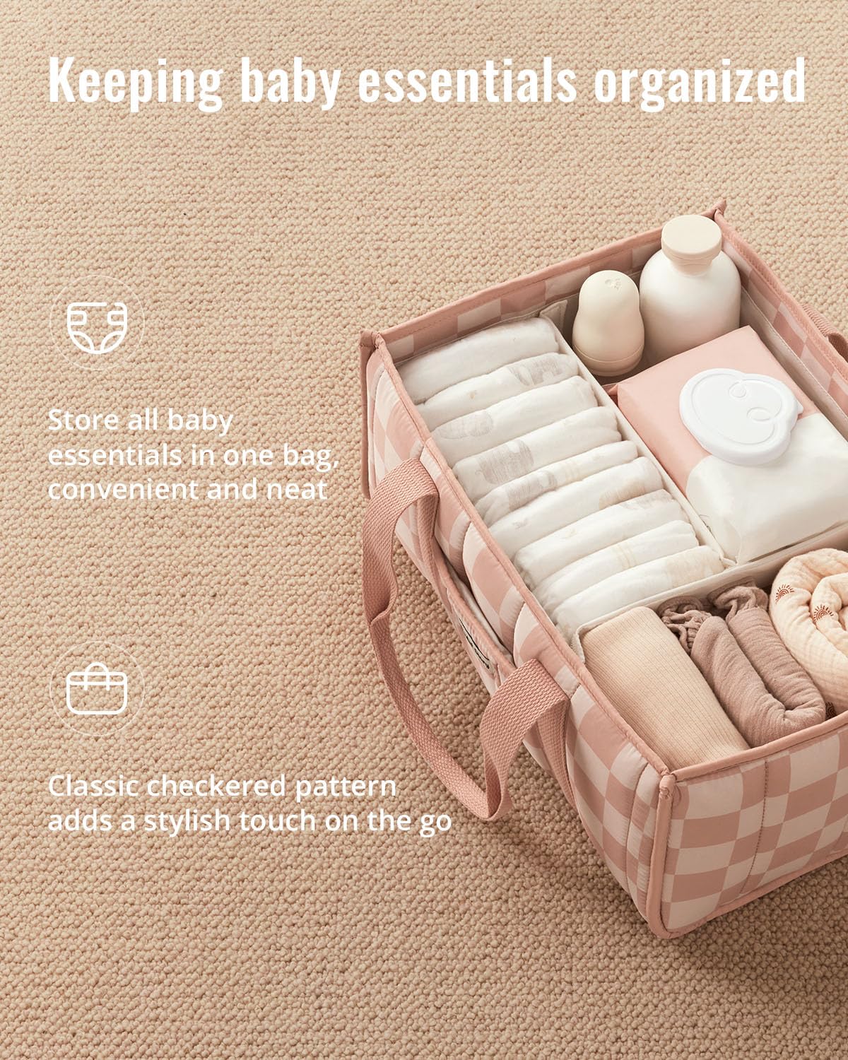 Blissful Diary checkered nursery setup with pink design in a tidy baby space.