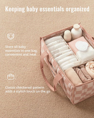 Blissful Diary checkered nursery setup with pink design in a tidy baby space.