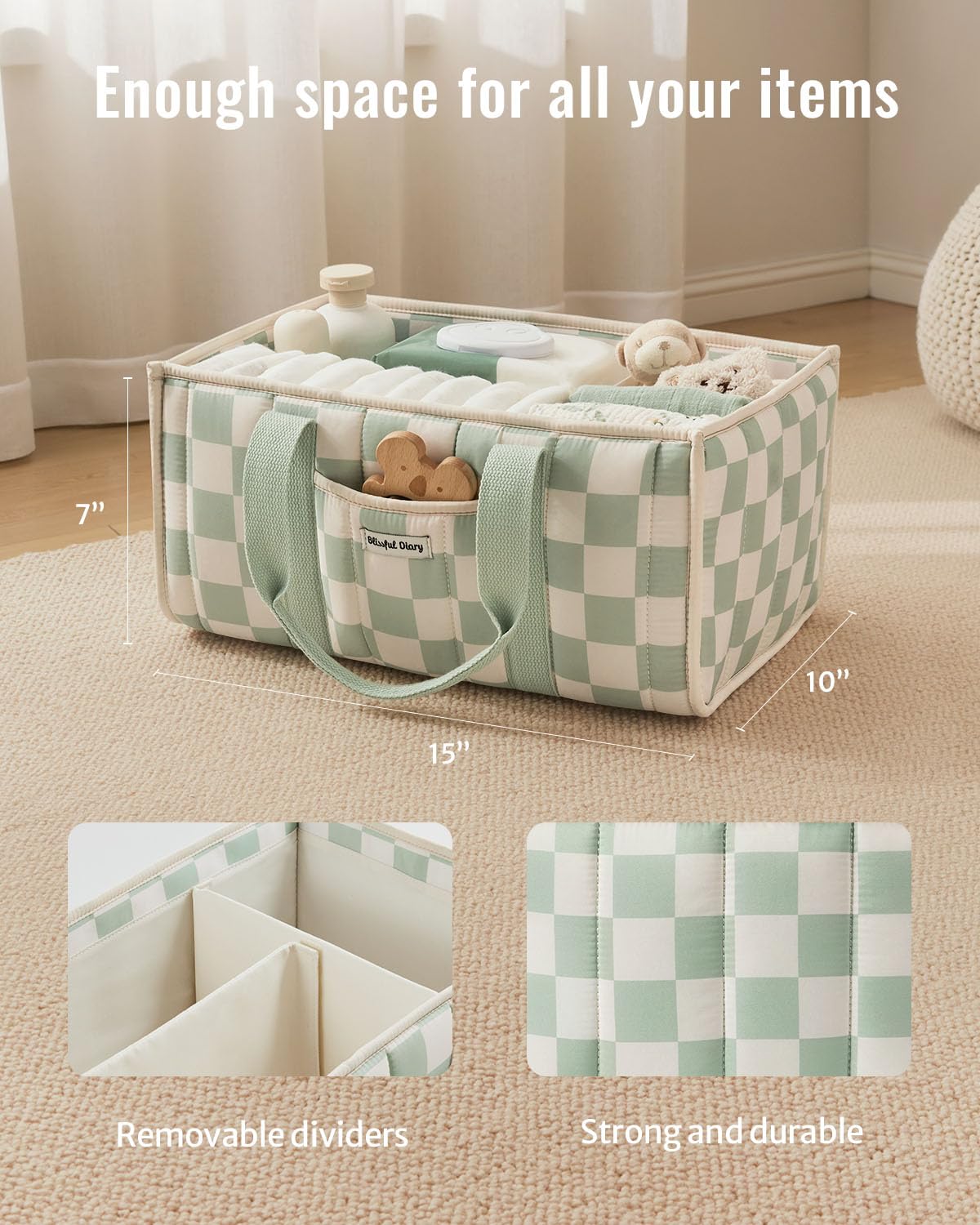 Blissful Diary checkered diaper caddy removable dividers customize storage for diapers, wipes, and creams.