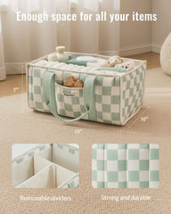 Blissful Diary checkered diaper caddy removable dividers customize storage for diapers, wipes, and creams.