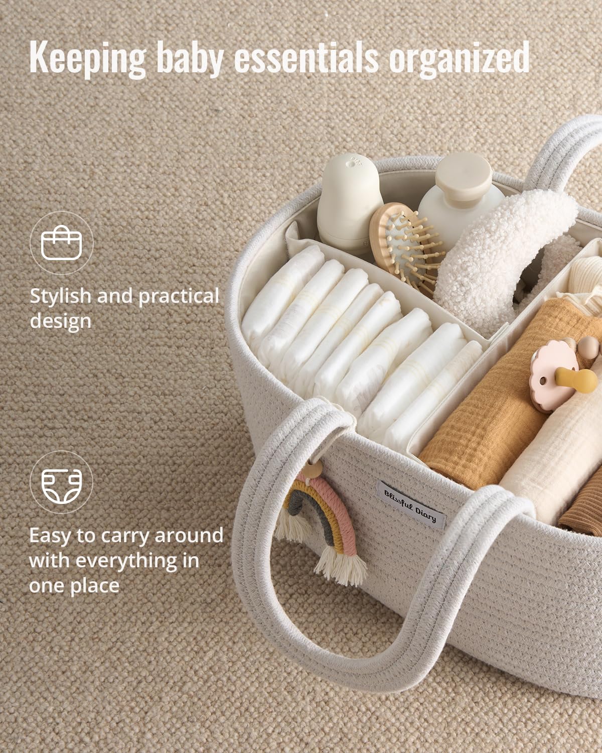 Blissful Diary cotton rope diaper caddy beige offers soft, calming storage for newborn essentials