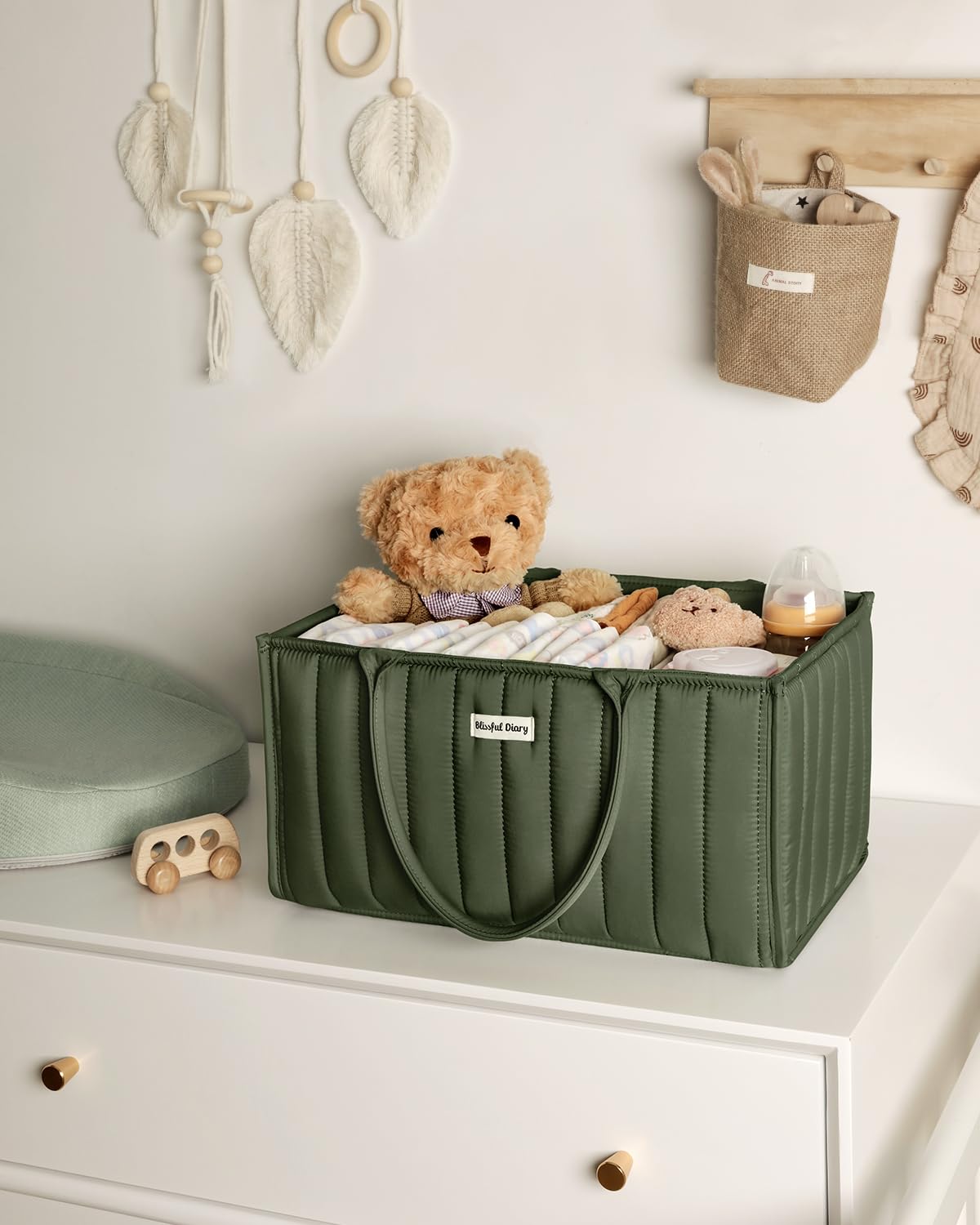Blissful Diary diaper caddy in the bathroom or living area keeps changing essentials ready