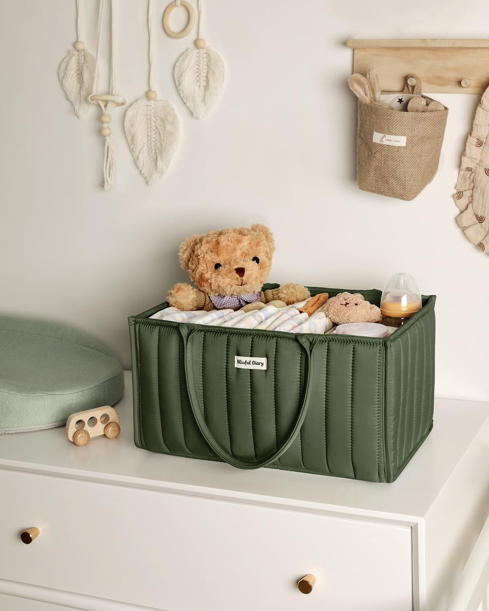 Blissful Diary diaper caddy in the bathroom or living area keeps changing essentials ready