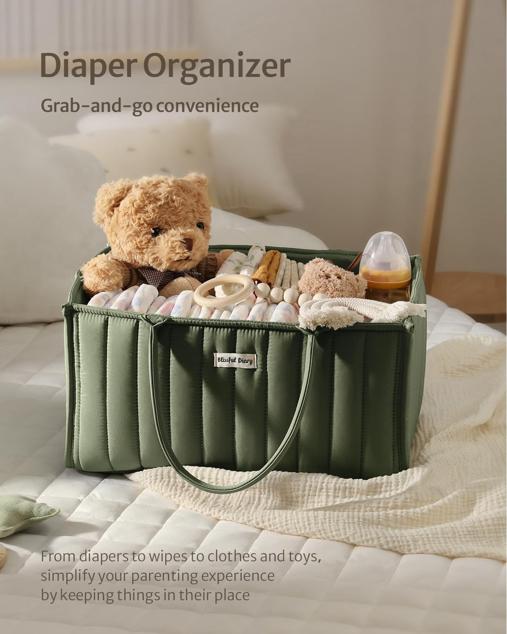 Blissful Diary diaper caddy compact design fits nursery and car trips