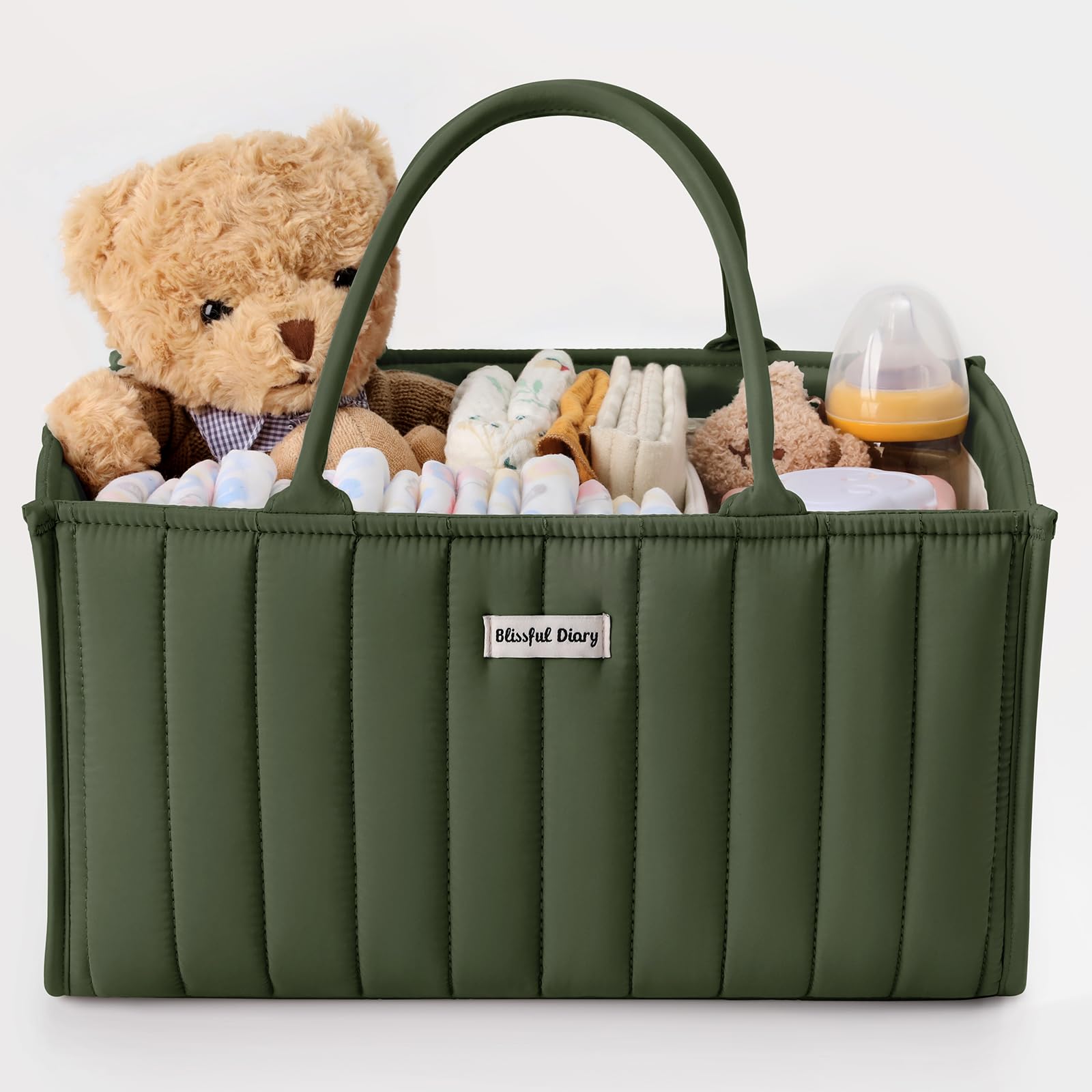 Blissful Diary diaper caddy deep green on changing table for quick access to essentials