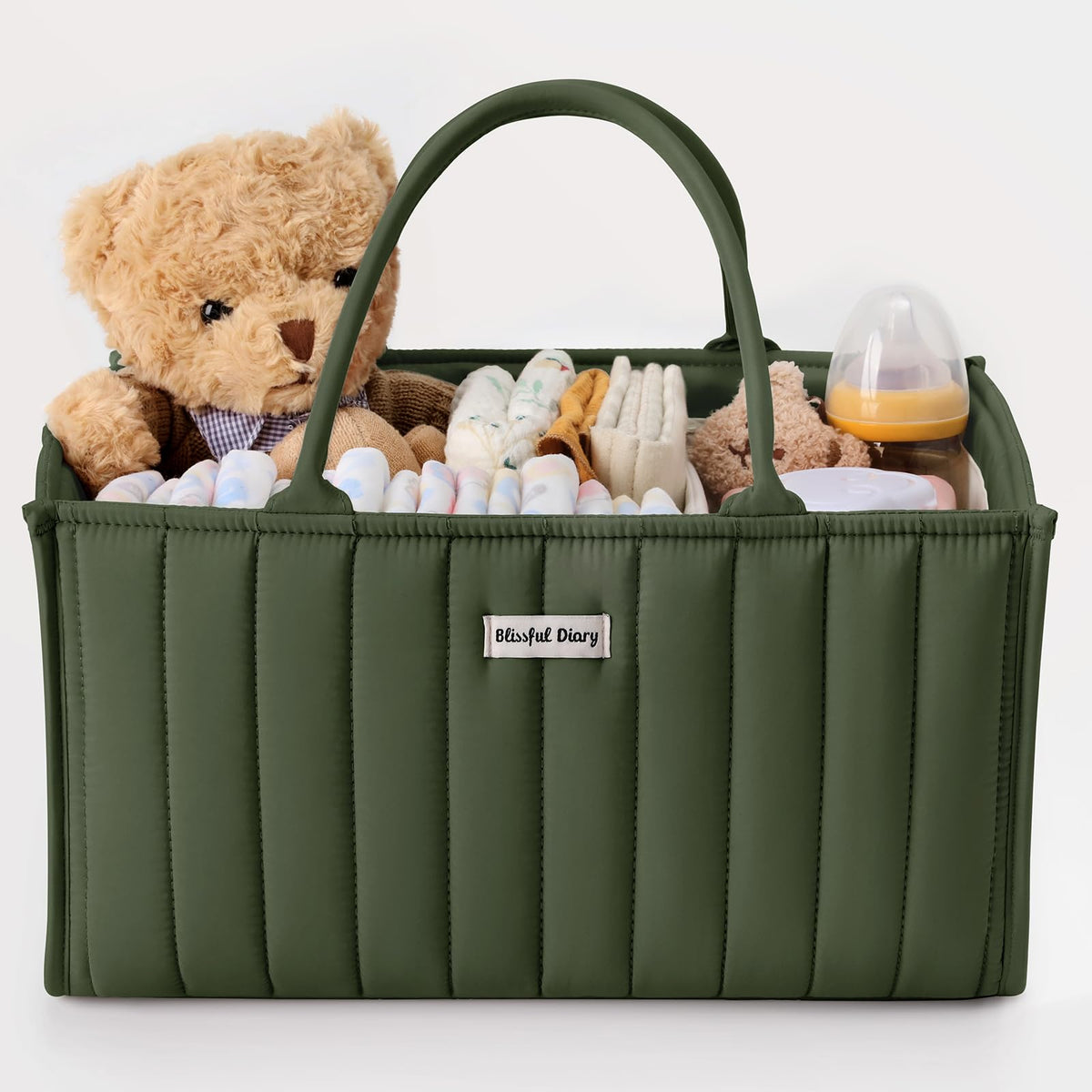 Blissful Diary diaper caddy deep green on changing table for quick access to essentials