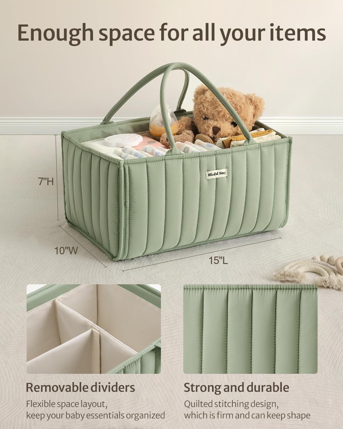 Blissful Diary caddy features removable dividers for flexible bottle, cream, and outfit organization.