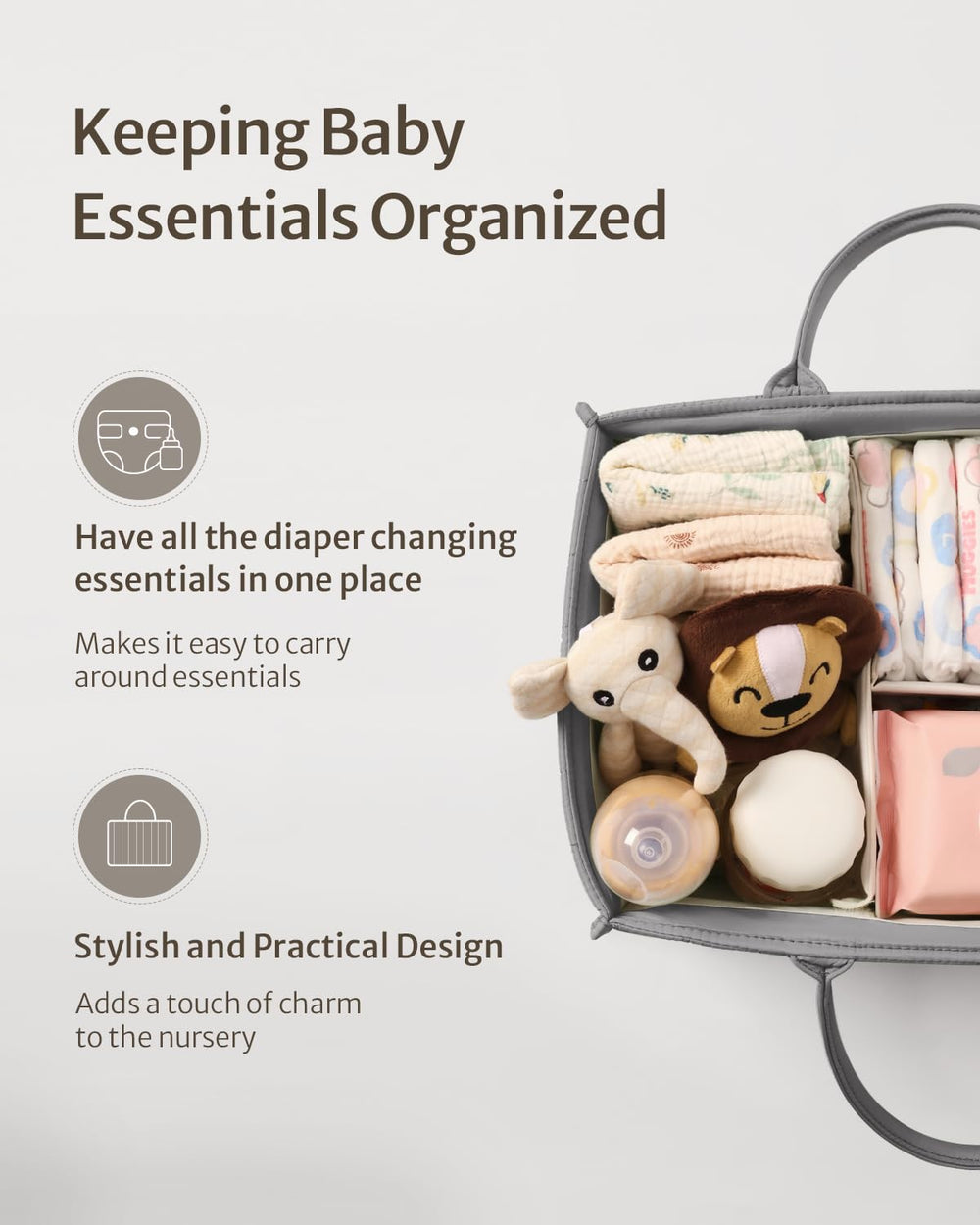 Blissful Diary diaper caddy with handles and removable dividers for flexible, organized baby storage.