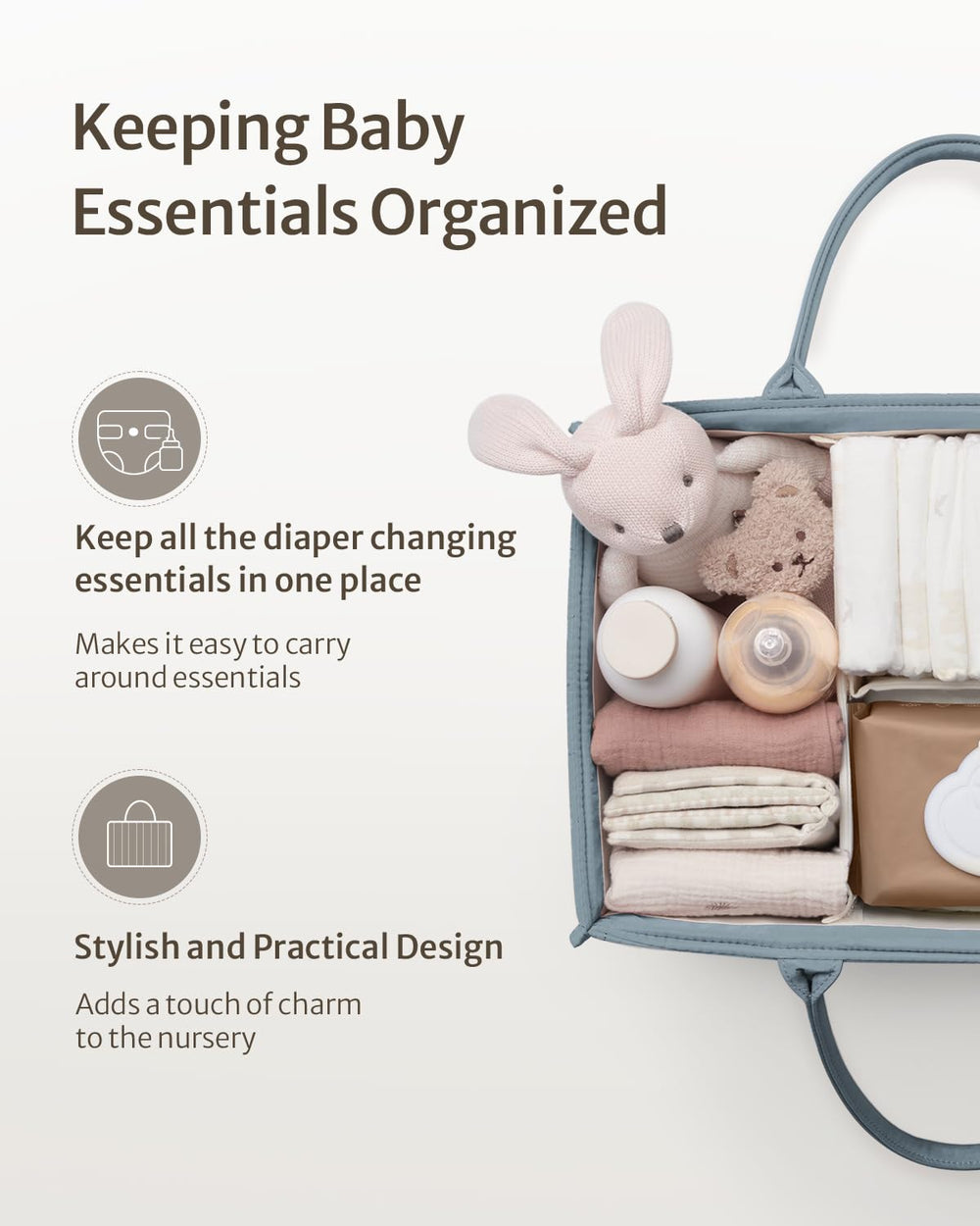 Blissful Diary diaper caddy with sturdy handles ready to move from nursery to car.