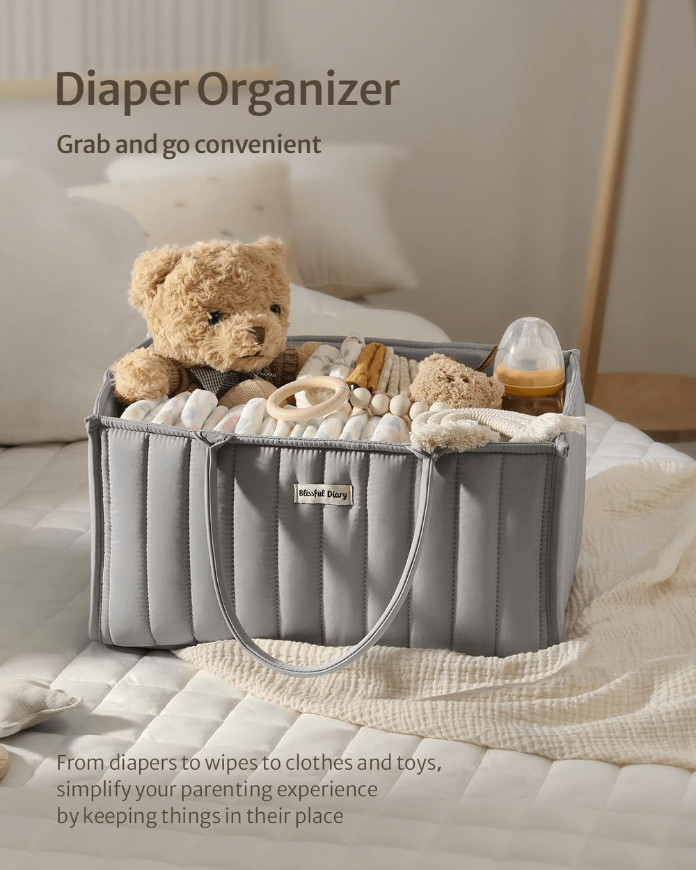 Blissful Diary diaper caddy in light gray adds stylish storage to cradle or changing station.