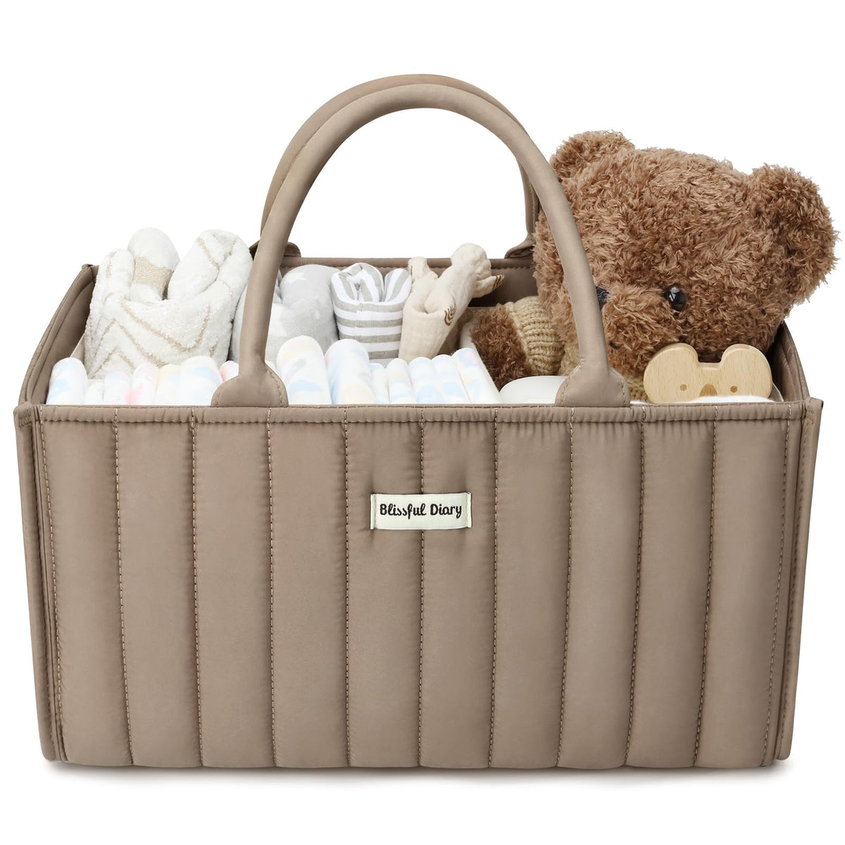 Blissful Diary diaper caddy mo​cha front view keeps essentials organized.