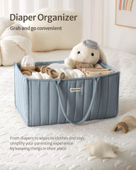 Blissful Diary diaper caddy with multiple compartments for diapers, wipes, bottles, and creams.