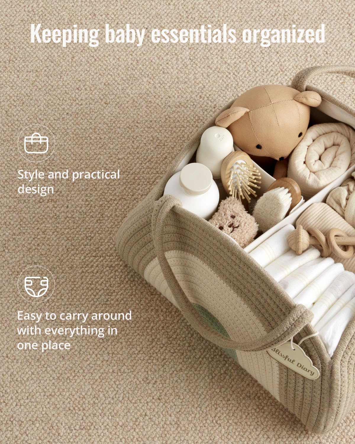 Blissful Diary diaper caddy natural rainbow design adds calming nursery style for newborns.