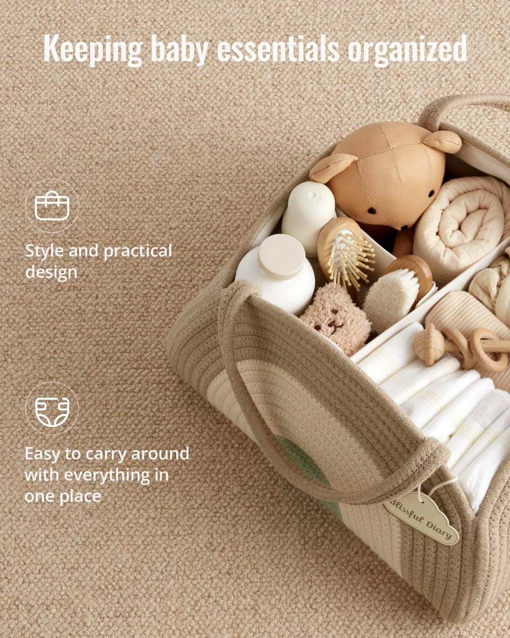 Blissful Diary diaper caddy natural rainbow design adds calming nursery style for newborns.