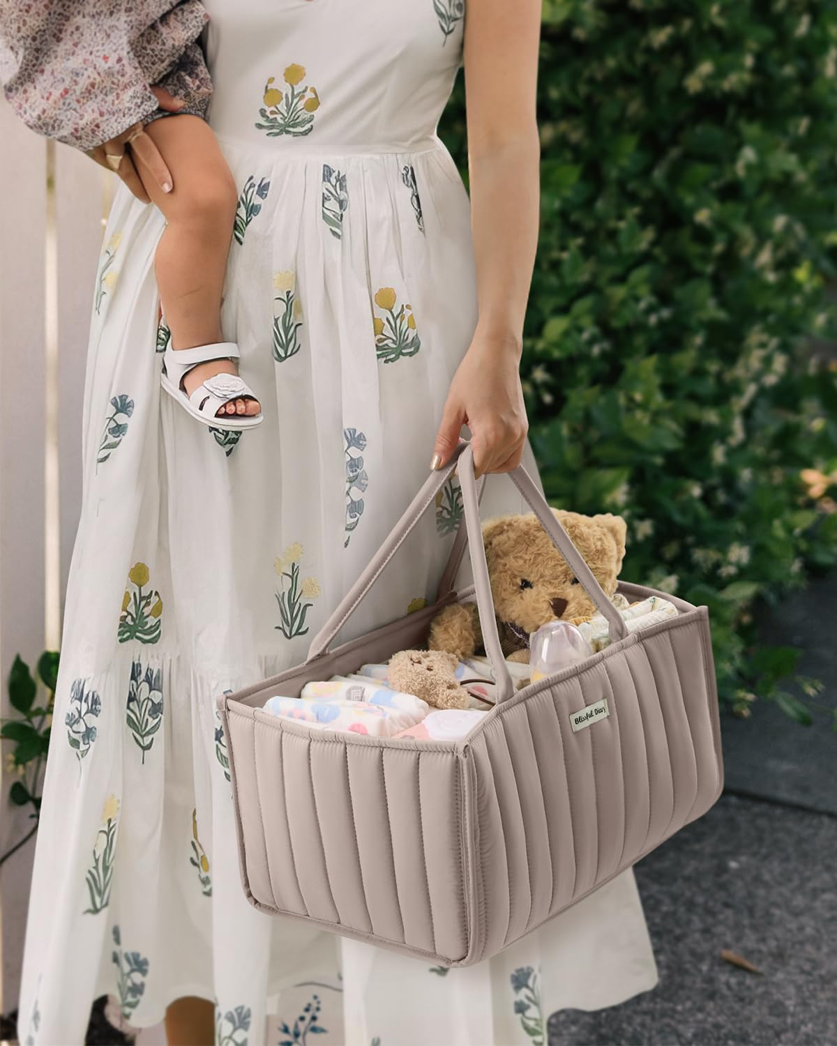 Blissful Diary diaper caddy organized for nursery or car use with compartments