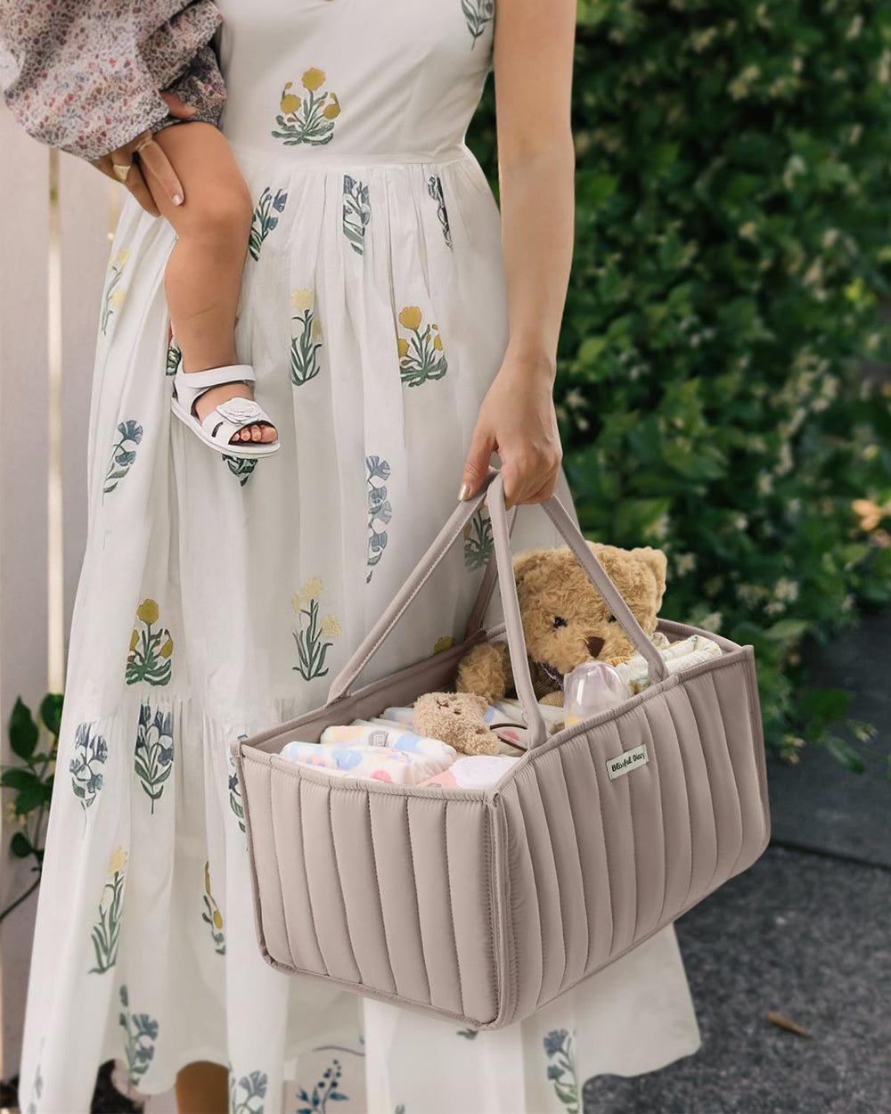Blissful Diary diaper caddy organized for nursery or car use with compartments