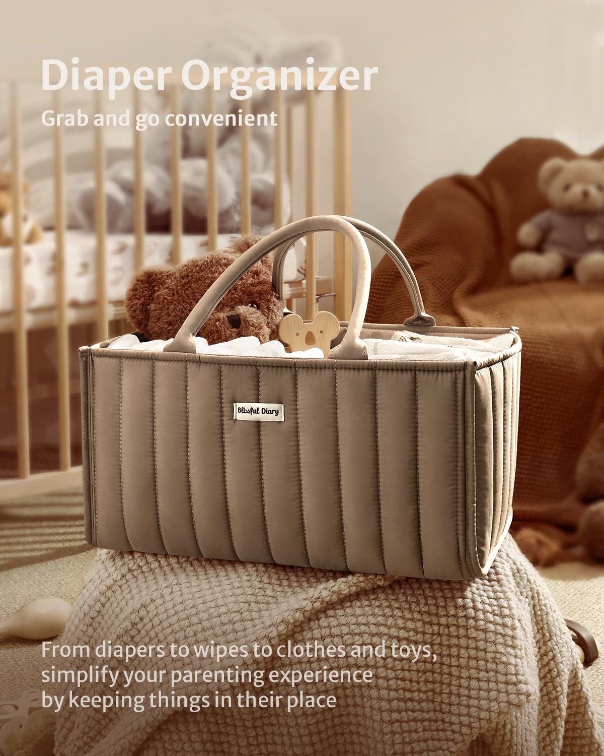 Blissful Diary diaper caddy stores items neatly for nursery use.
