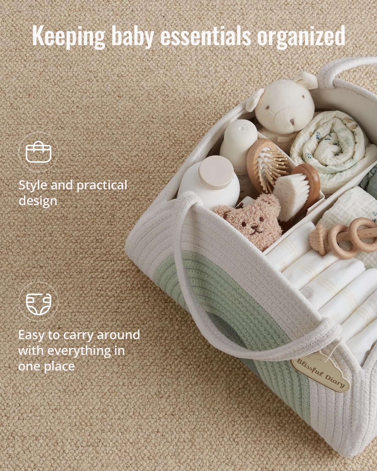 Blissful Diary diaper caddy showing roomy storage for nappies and wipes