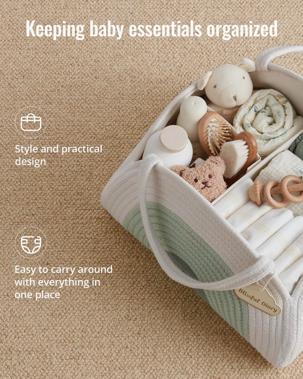 Blissful Diary diaper caddy showing roomy storage for nappies and wipes
