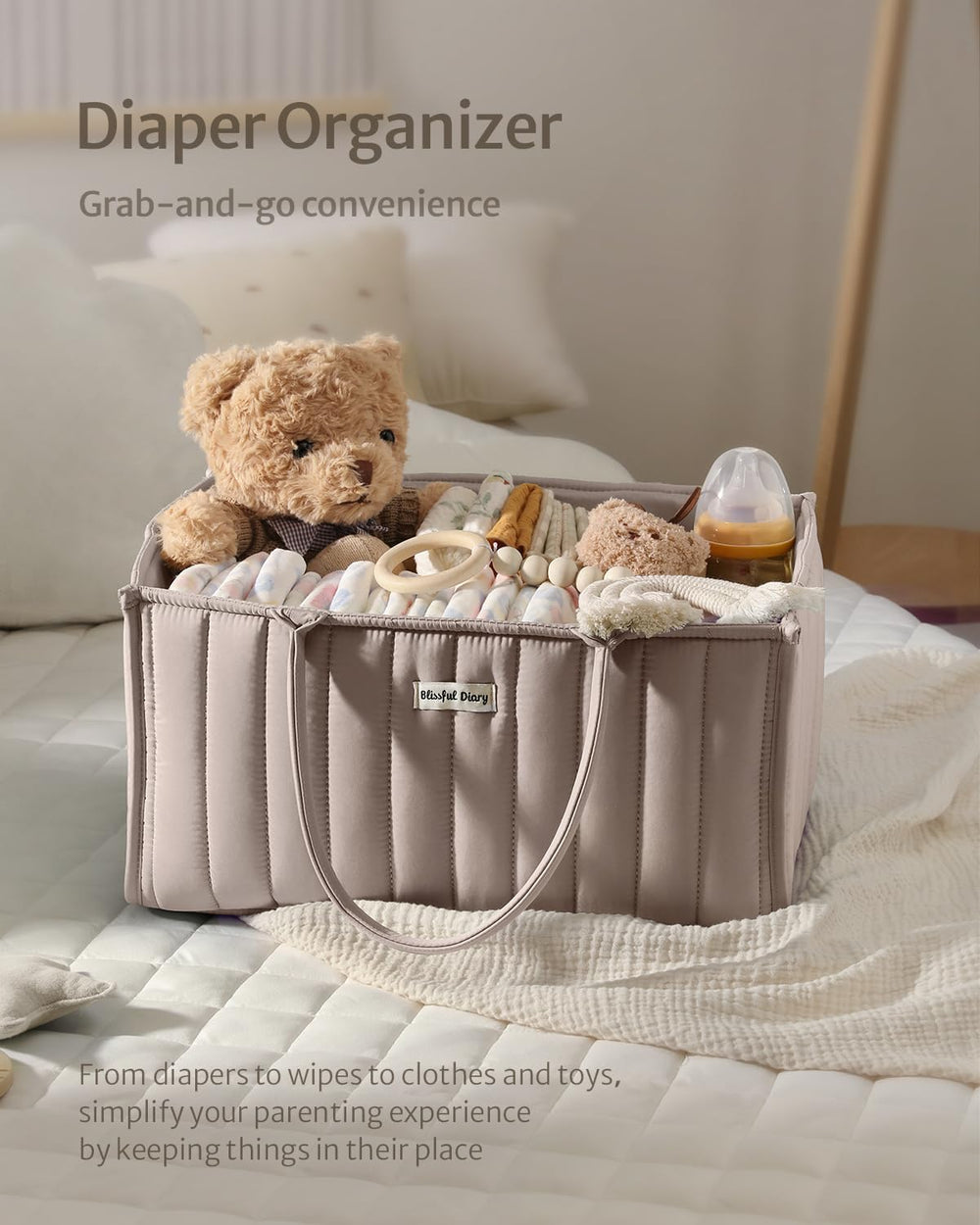 Blissful Diary diaper caddy in sandy color adds stylish nursery storage