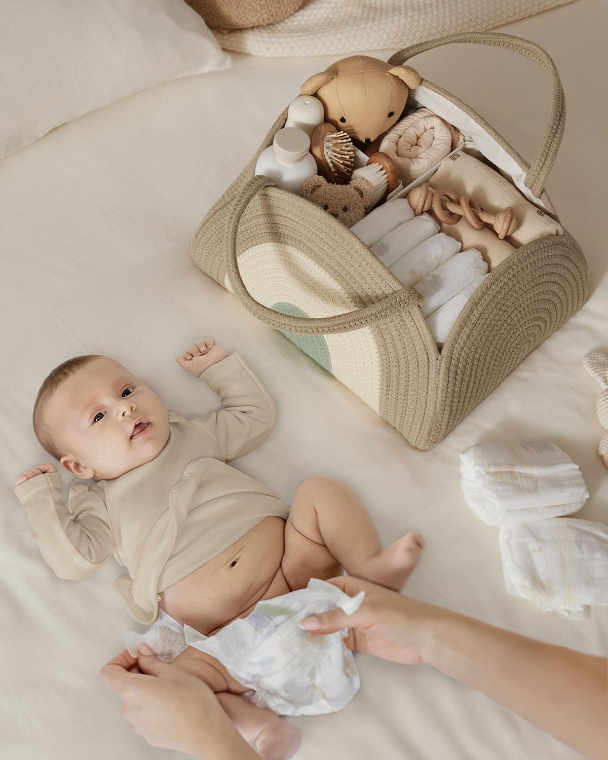 Blissful Diary diaper caddy uses sturdy cotton rope that maintains shape for easy storage.