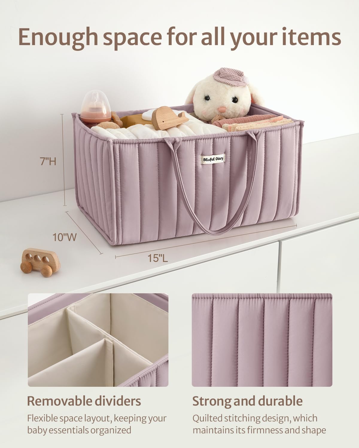 Blissful Diary mauve pink diaper caddy adds stylish storage to a nursery.