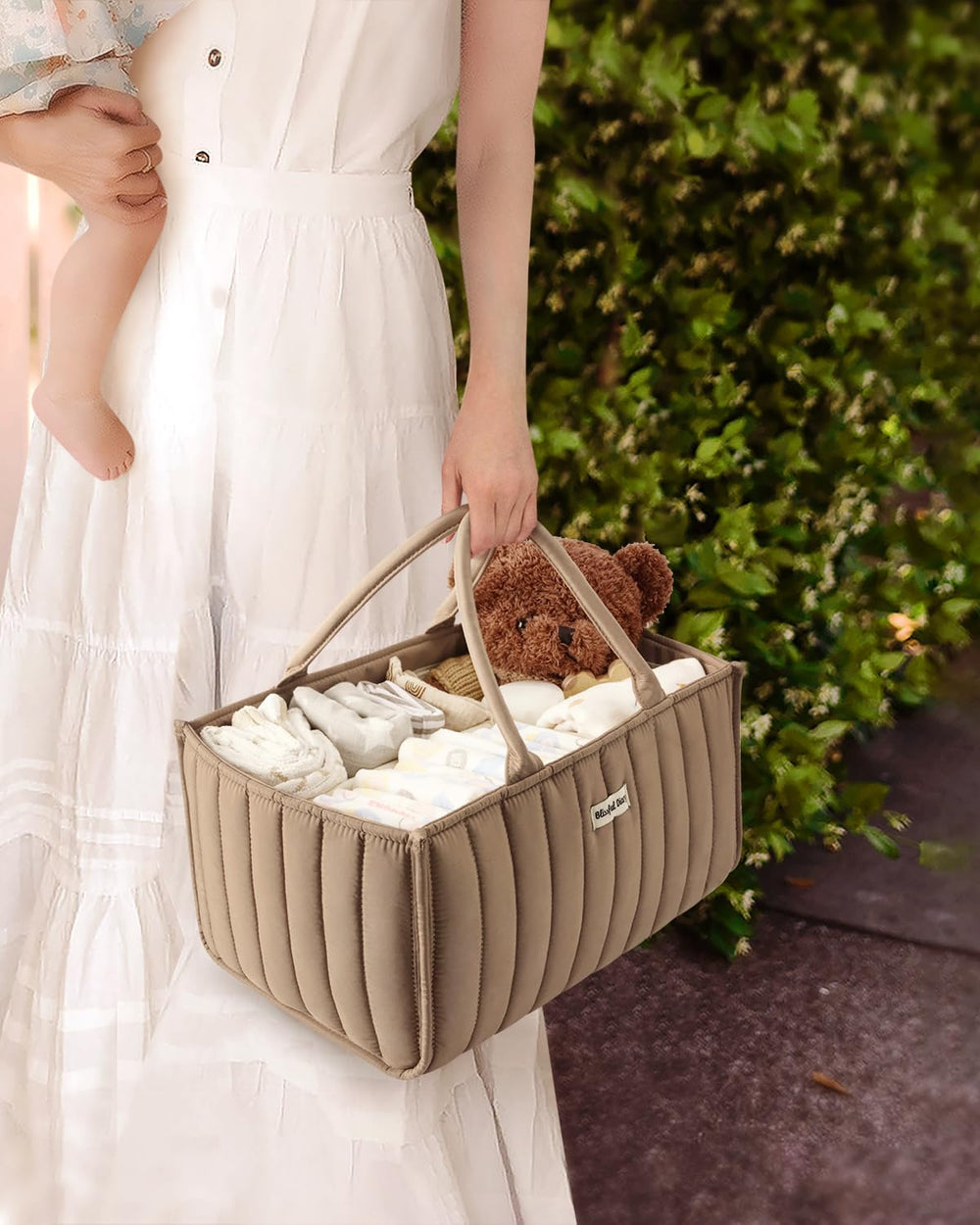 Blissful Diary diaper caddy mocha color elevates changing stations.