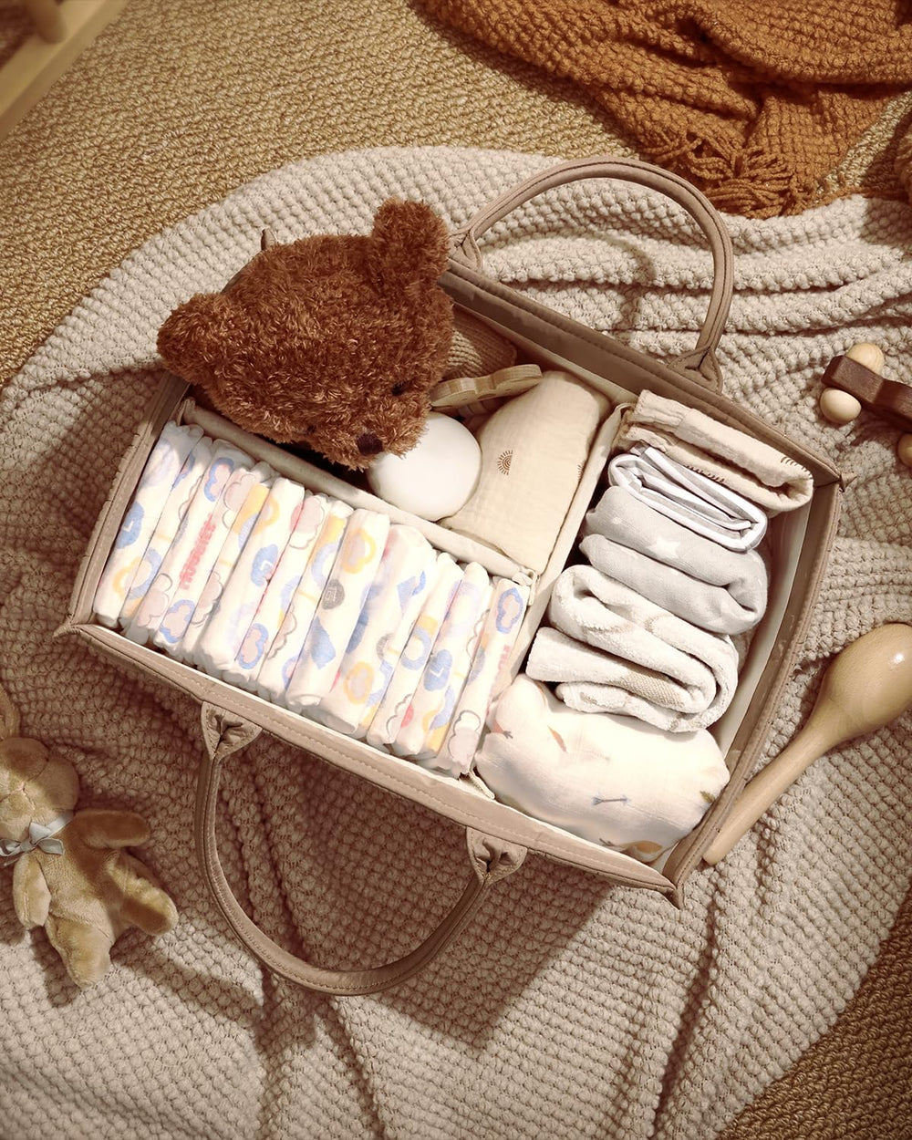 Blissful Diary diaper caddy versatile storage for newborns and travel.