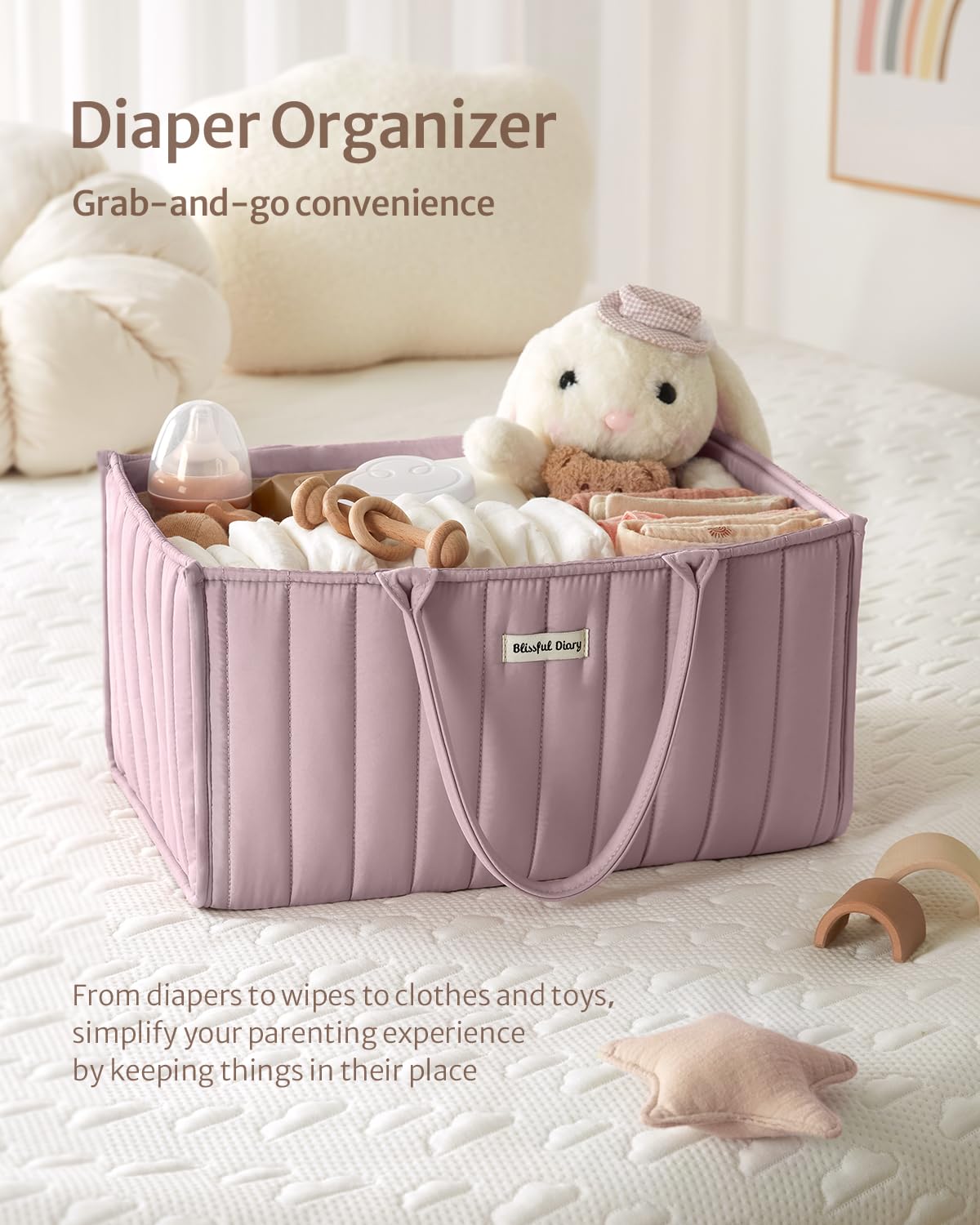Blissful Diary diaper caddy is versatile for nursery, bathroom, living room and car.