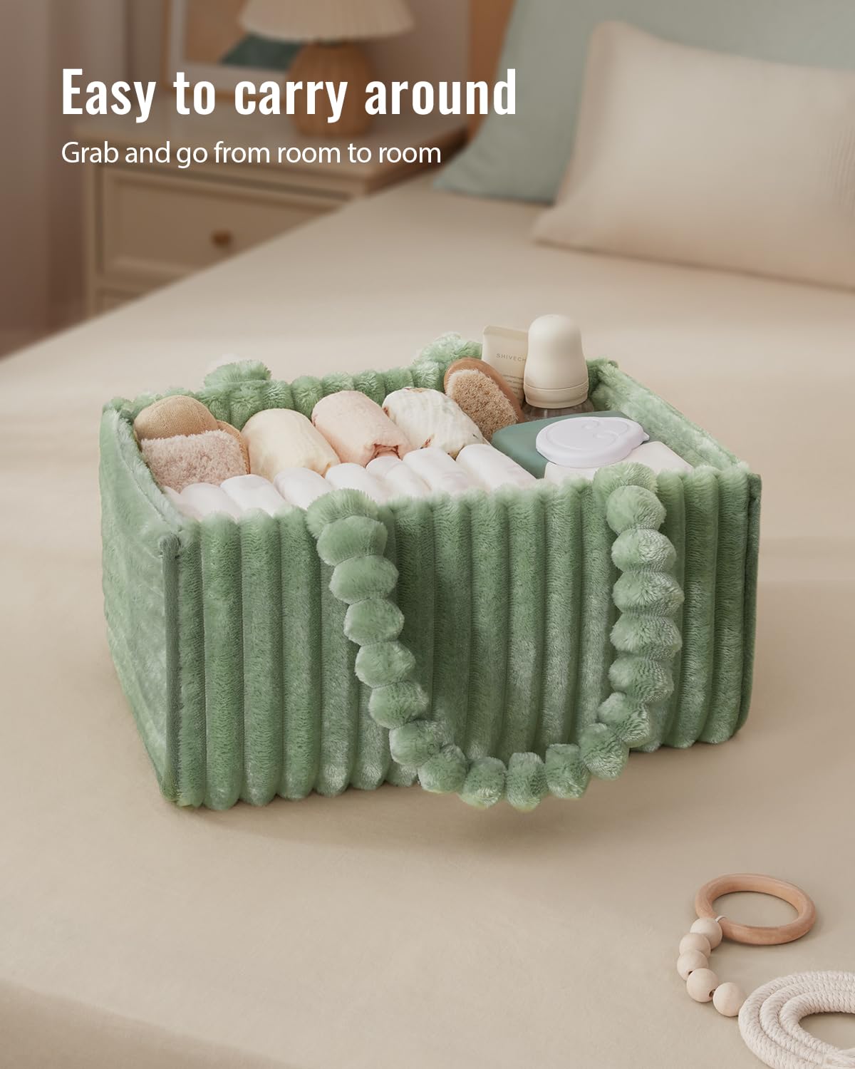 Blissful Diary caddy features long handles for easy room-to-room transport.