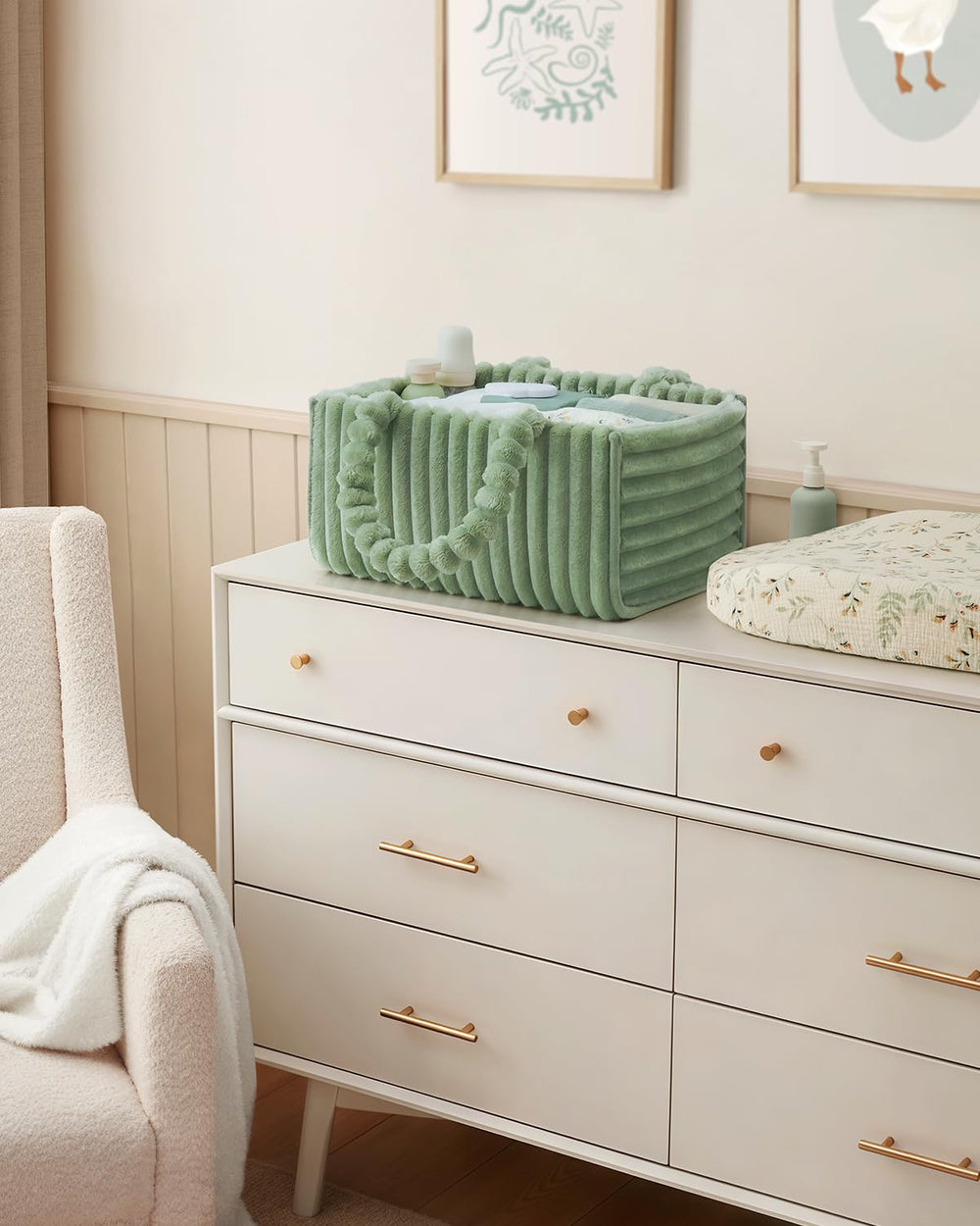 Blissful Diary sage-green caddy as cozy nursery storage organizer.