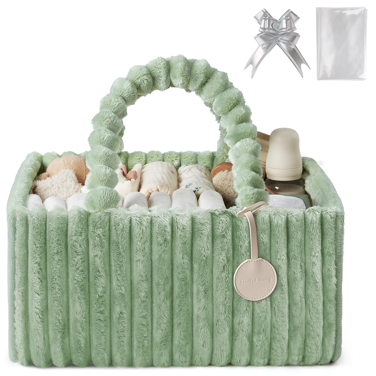 Blissful Diary Flannel Diaper Caddy close-up fabric shows plush texture and sage-green shade.