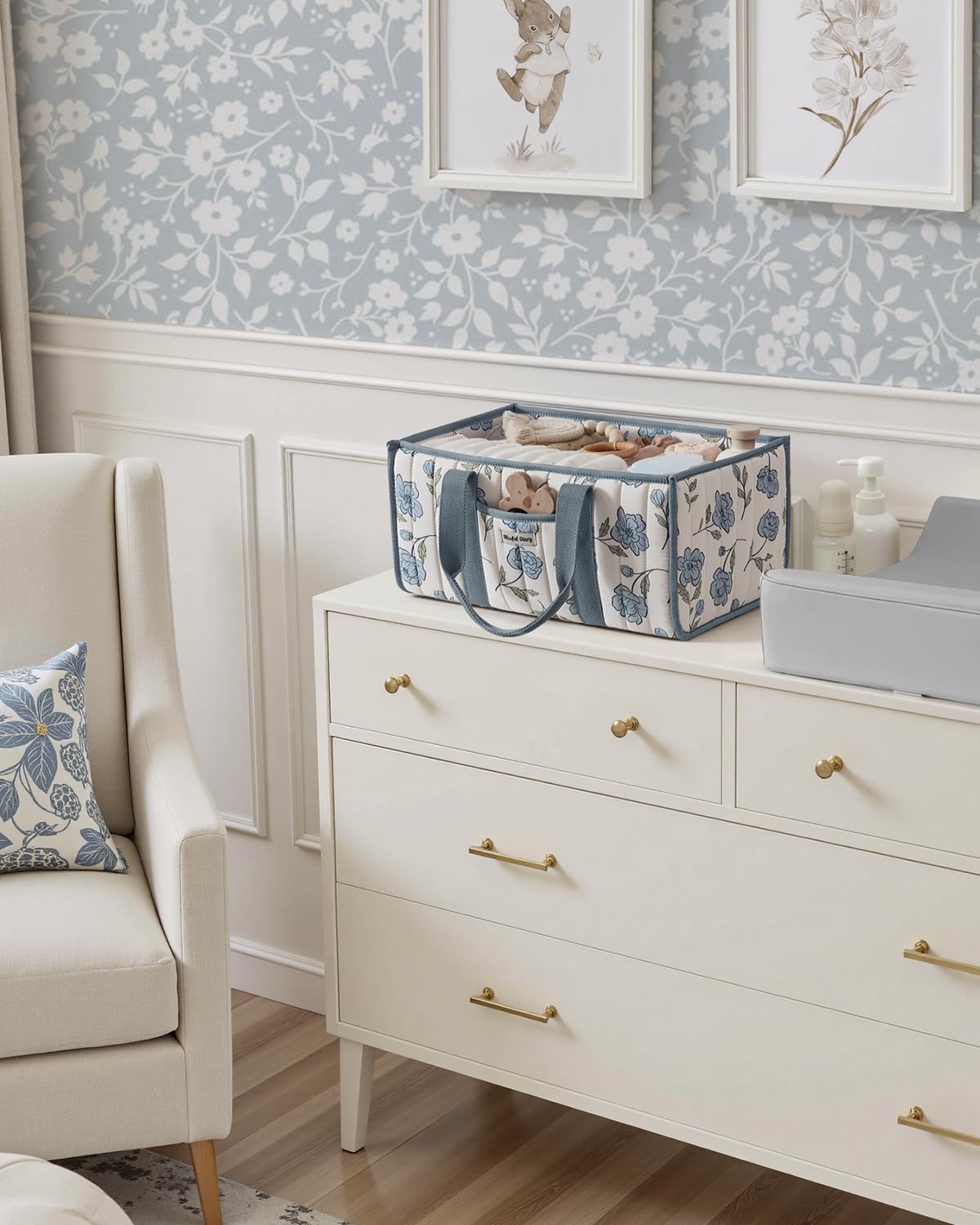 Blissful Diary Floral Diaper Caddy blue peony pattern enhances nursery aesthetics.