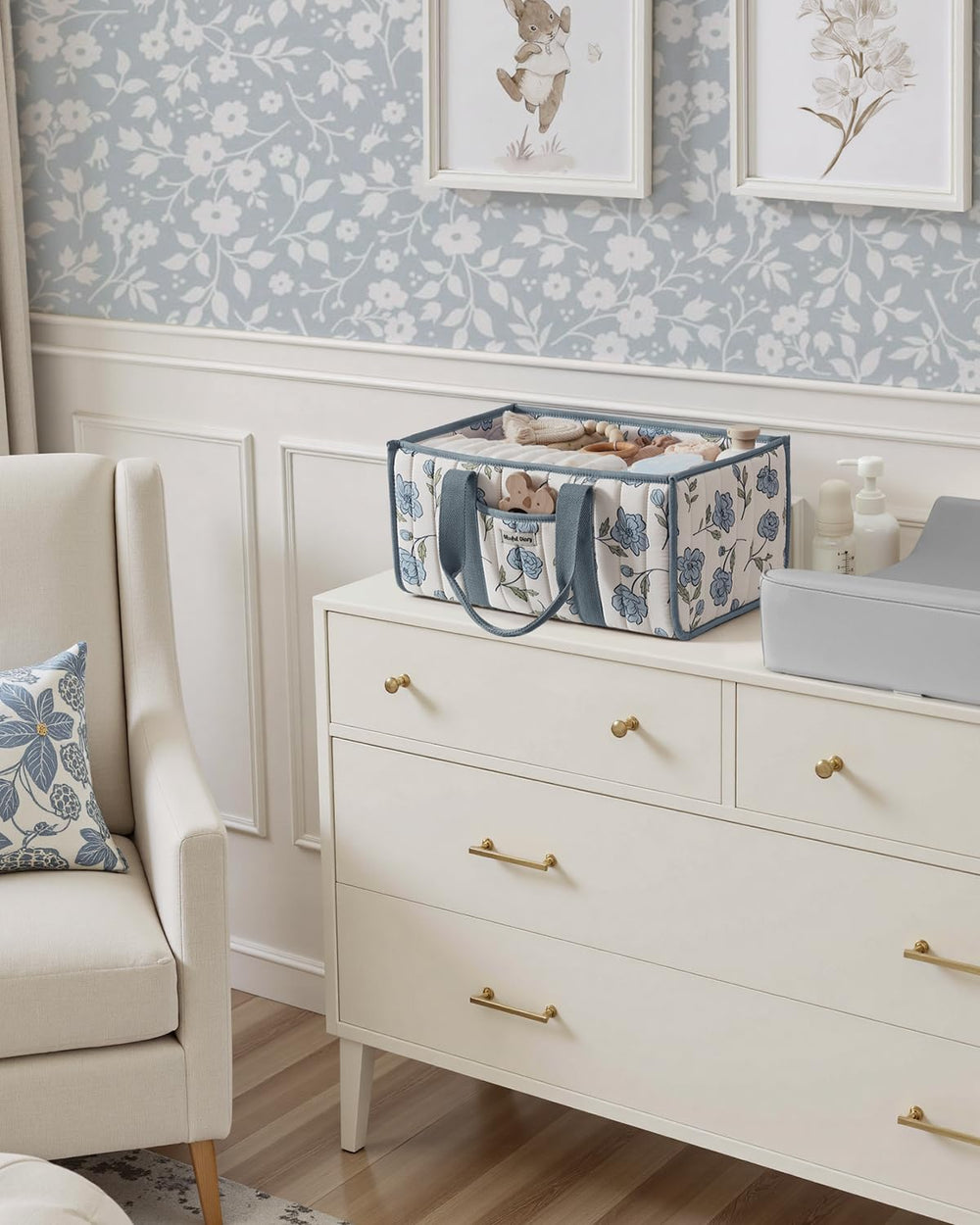 Blissful Diary Floral Diaper Caddy blue peony pattern enhances nursery aesthetics.