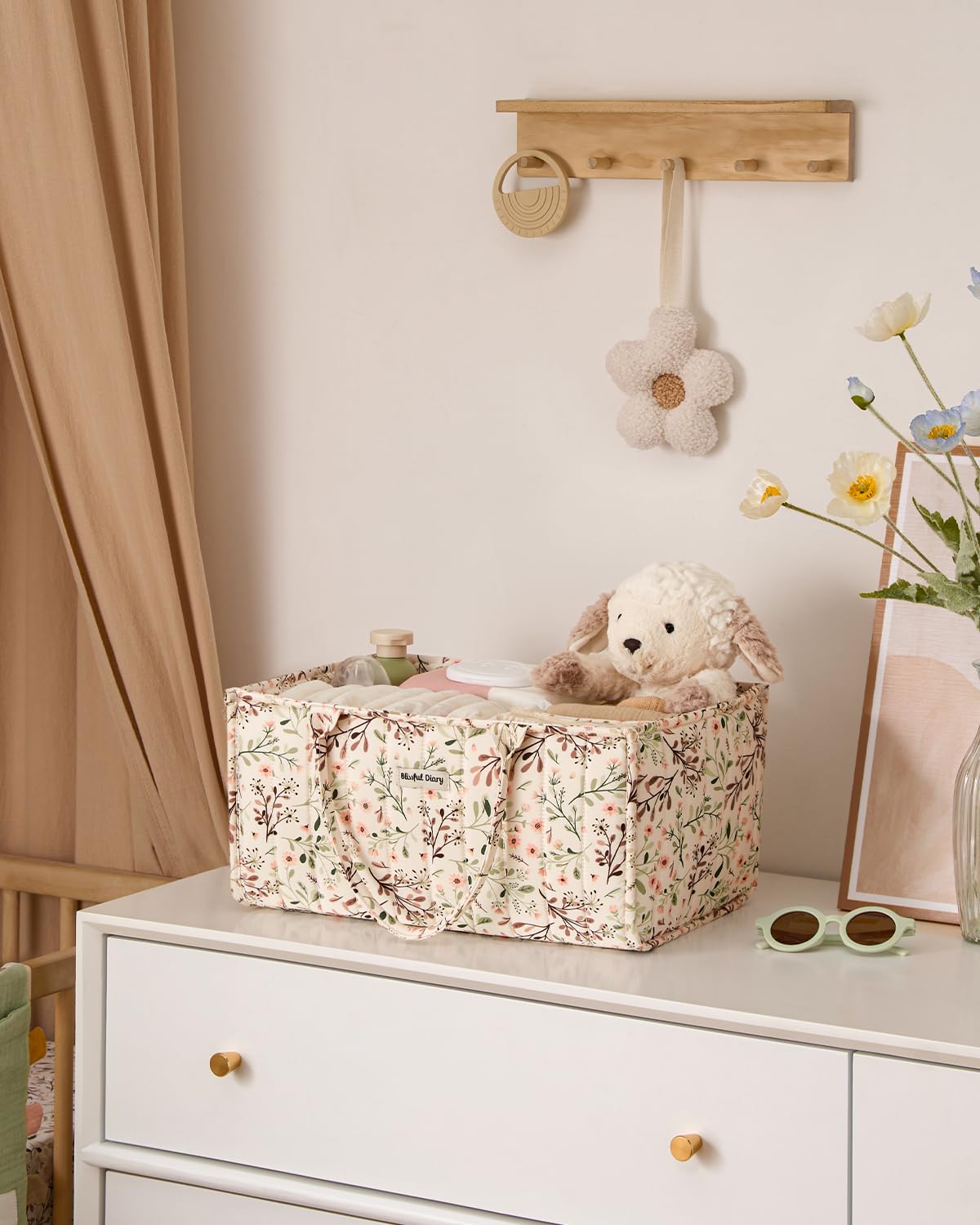 Blissful Diary floral diaper caddy organizer, car-use ready to keep essentials at hand during trips.