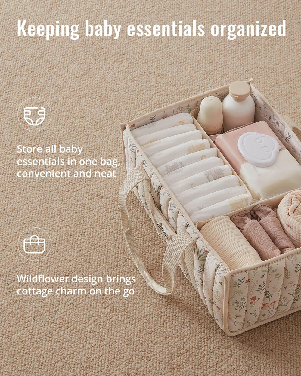 Blissful Diary Floral Diaper Caddy compartments for diapers, wipes, and creams