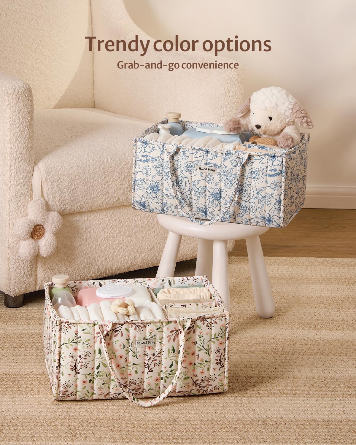 Blissful Diary floral diaper caddy organizer, gift-ready option for baby showers and registries.