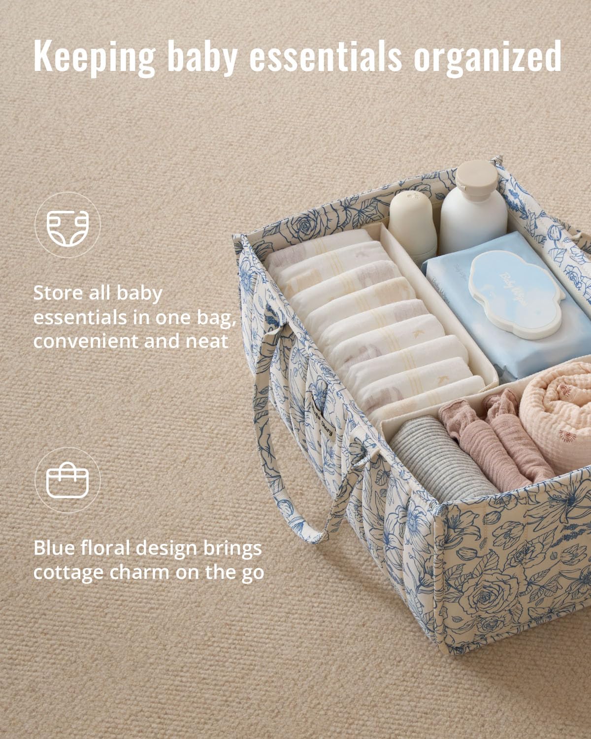 Blissful Diary floral diaper caddy with handles enhances portability for quick room-to-room changes.
