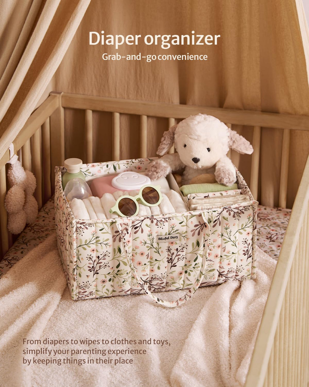 Blissful Diary floral diaper caddy organizer, handles carry view, easy transport nursery to living room.
