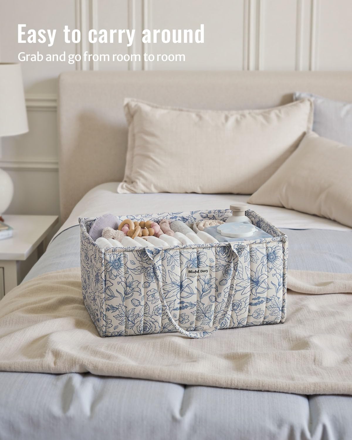 Blissful Diary floral diaper caddy in nursery adds garden-inspired charm and tidy storage.