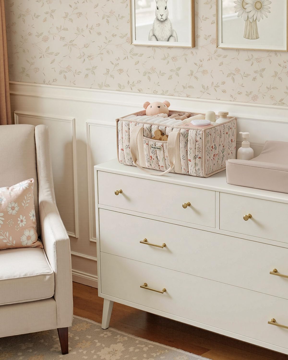 Blissful Diary Floral Diaper Caddy in nursery adding tidy charm