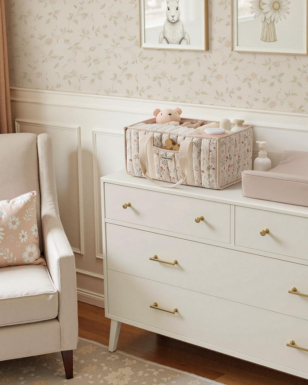Blissful Diary Floral Diaper Caddy in nursery adding tidy charm