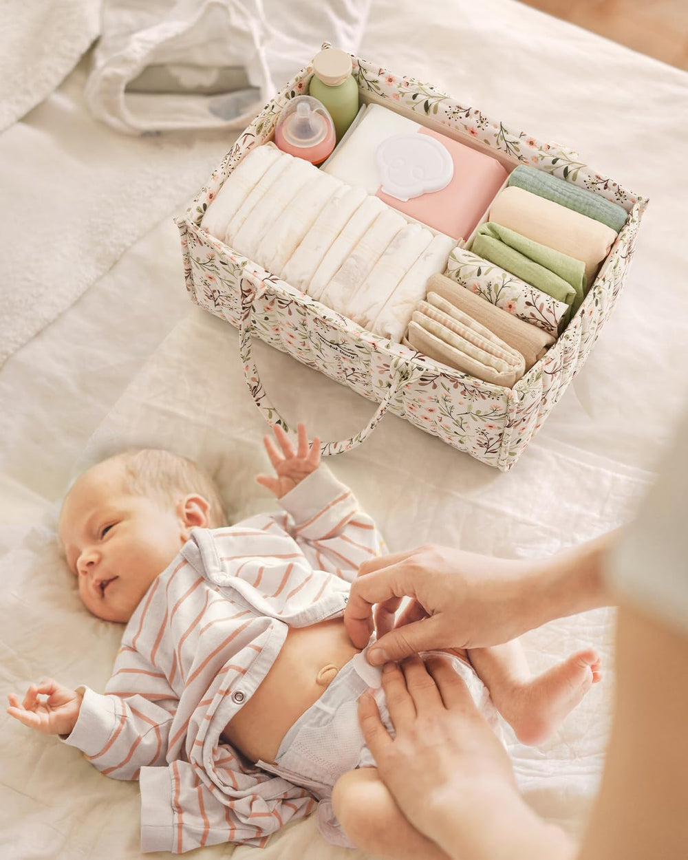 Blissful Diary floral diaper caddy organizer, nursery-organization helper for bottles, wipes, and creams.