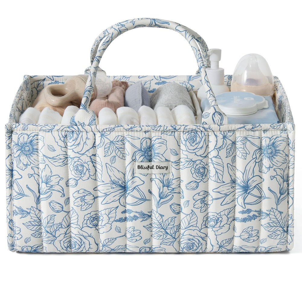 Blissful Diary floral diaper caddy organizer with blue floral pattern keeps nursery essentials neatly grouped.
