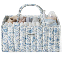 Blissful Diary floral diaper caddy organizer with blue floral pattern keeps nursery essentials neatly grouped.